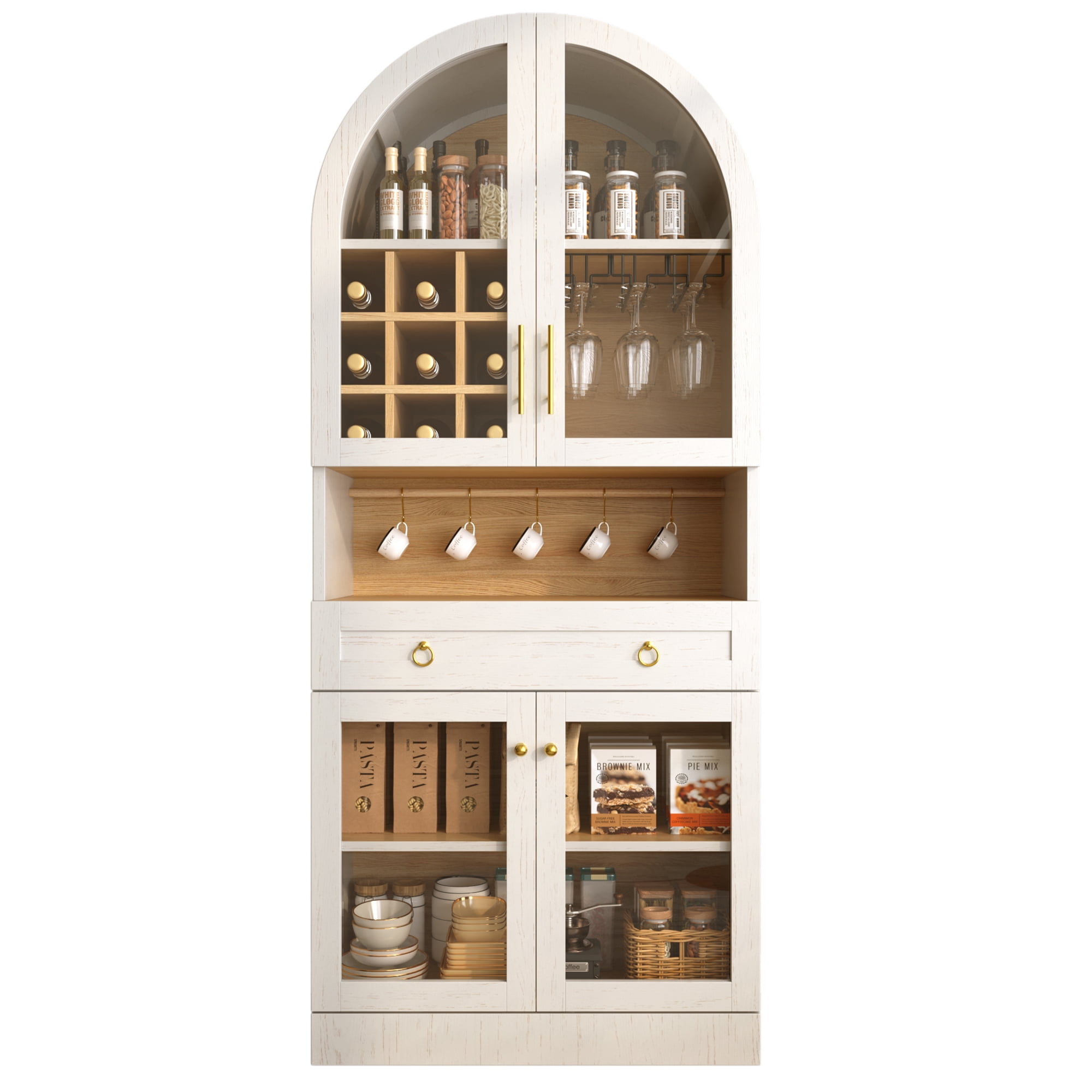 Euroco 70" Tall Arched Bar Cabinet, Mid-Century Coffee Bar Cabinet with Glass Holders,Wine Racks,Adjustable Shelf & Storage Drawer,Kitchen Pantry with Glass Doors,Wine Liquor Cabinet for Home,White