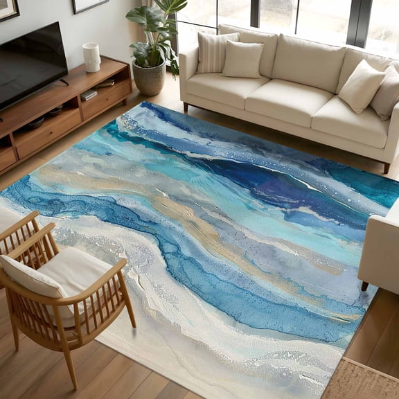 8x10 Area Rugs Blue Coastal Non-Skid Rubber Backing Large Rectangle Rugs - Living Room Bedroom Home Office, Summer Beach Nautical Abstract Art Indoor Floor Mat Carpets Washable Rug