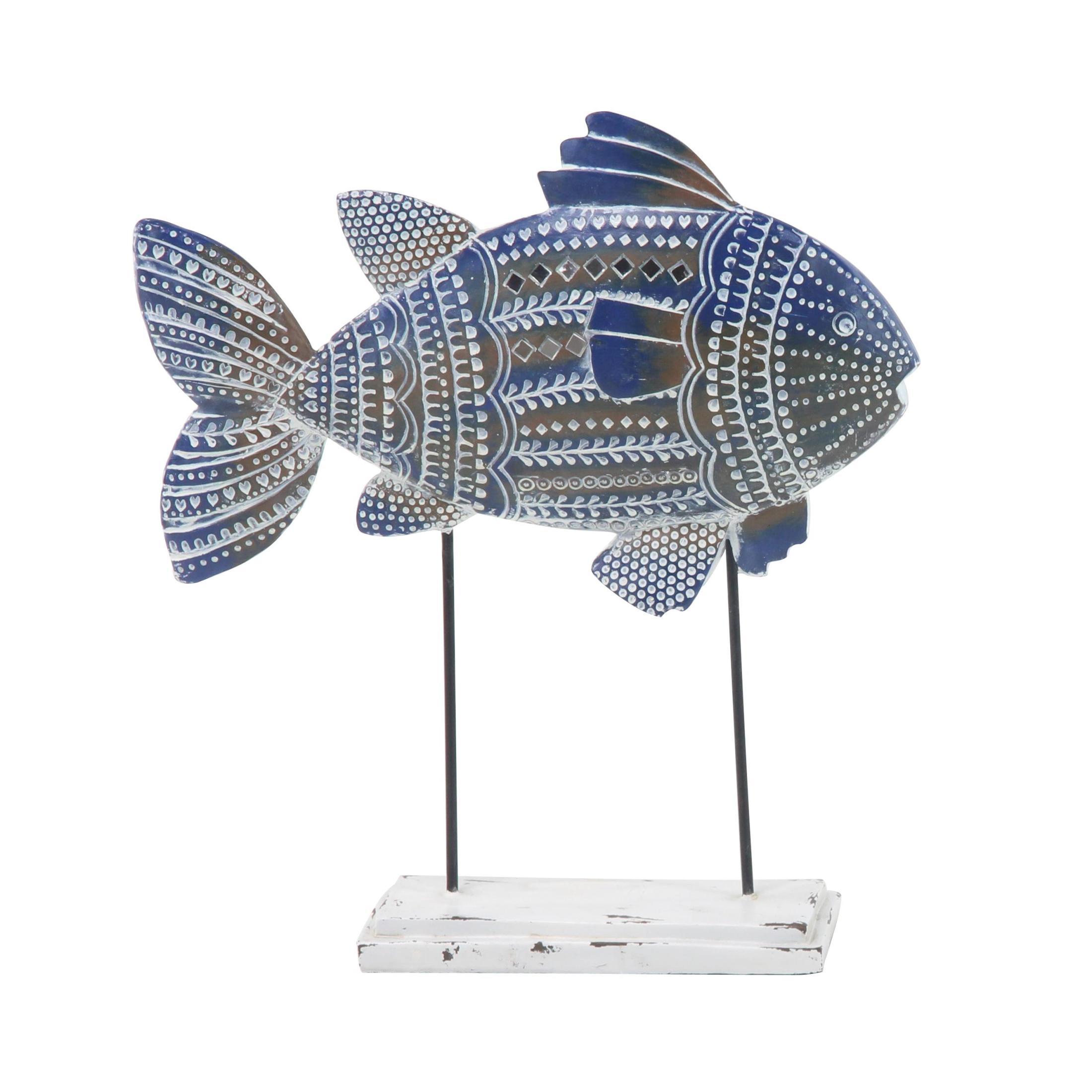 14", 10"H Blue Polystone Tribal Patterned Fish Sculpture with White Carvings and Mirrored Accents, by DecMode (2 Count)