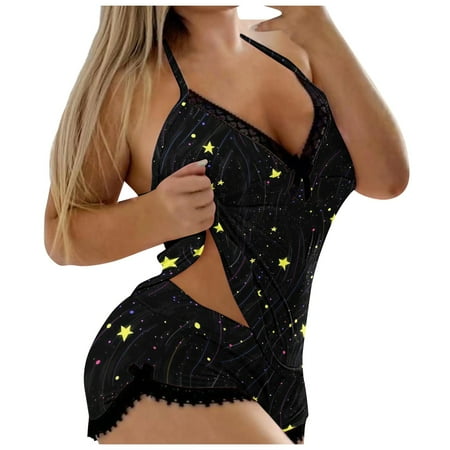 

DNDKILG Womens Soft Pajama Set 2 Piece Lingerie Cami Shorts Set Pj Set Casual Lounge Yellow XL