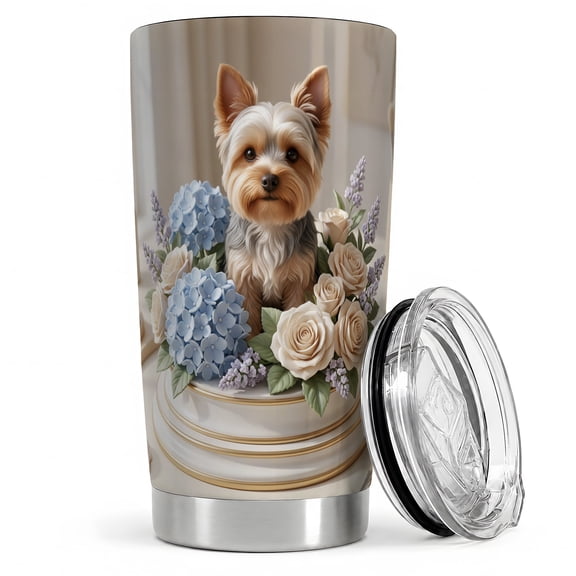 Yorkie Floral Pedestal 20oz Tumbler, Yorkie Tumbler for coffee drinks, small terrier sitting with blue hydrangeas, cream roses and lilac sprigs, pet portrait cup for women and dog fans