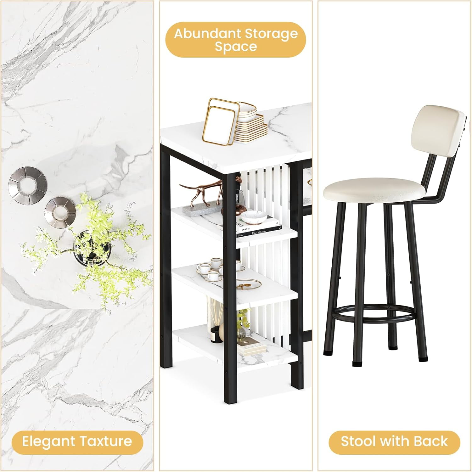 LinkRomat Bar Table and Chairs Set for 2, Marble Kitchen Island Table with 2 PU Bar Stools, Tall Kitchen Table and Chairs with Storage for Small Spaces, Home & Apartment, White