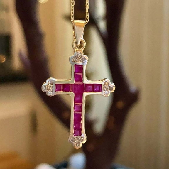 4.00CT Princess Cut Lab Created Pink Ruby Cross Pendant 14K Yellow Gold Plated Silver