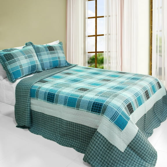 G&J Coastline Cotton 3PC Check Quilt Set Full/Queen Size Grey Blue Color