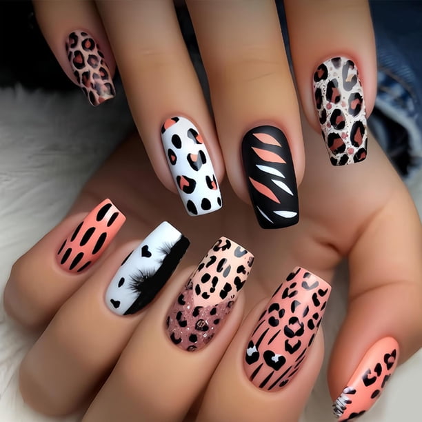 Uñas postizas adhesivas SXTSZJ con diseño de leopardo, acrílicas, 24 piezas