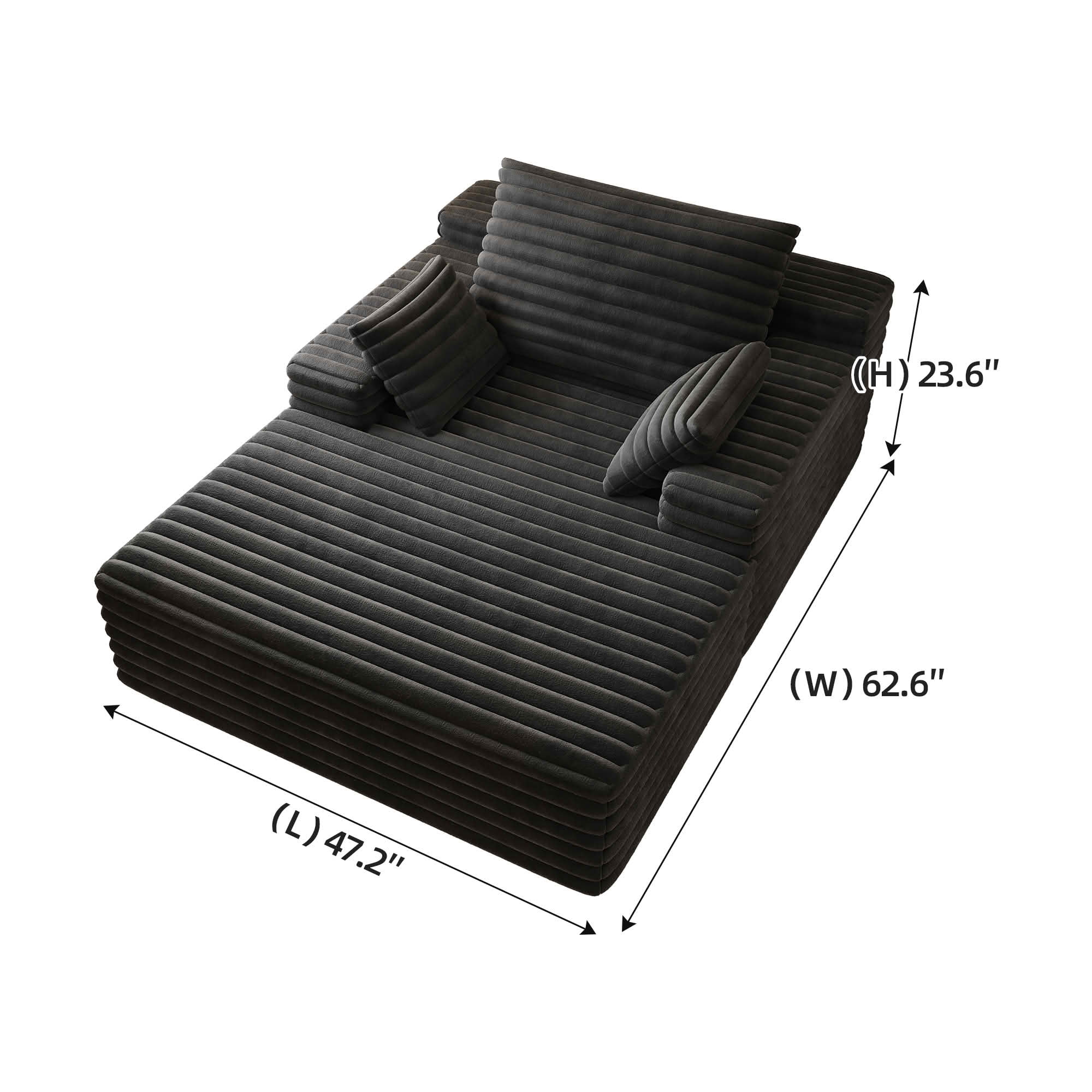 MAYEERTY 63" Black Oversized Indoor Chaise Lounge, Plush Sleeper Couch with Velvety Corduroy, No Assembly – Ideal for Napping & Movie Nights
