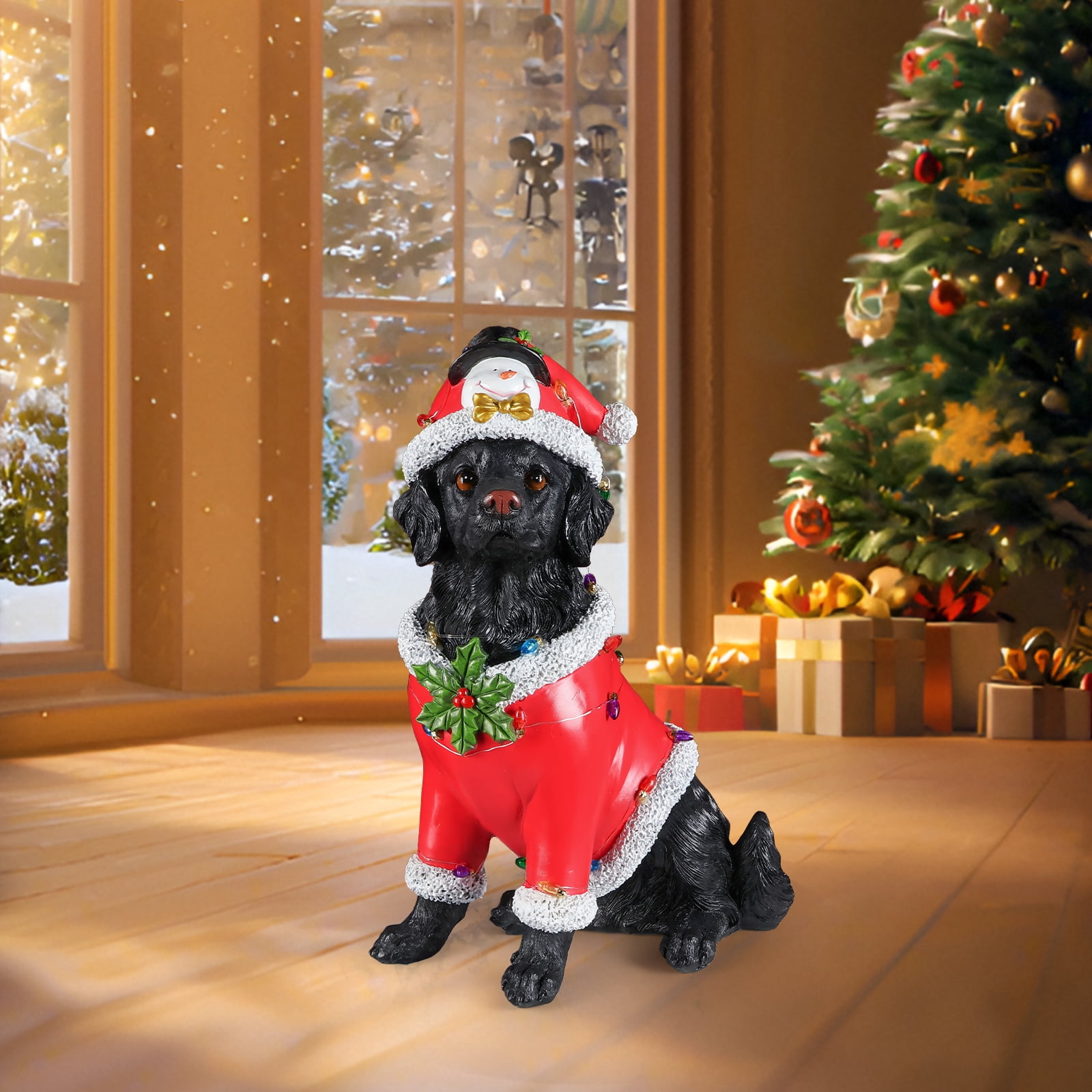 Black Retriever Dog Red Santa Outfit Christmas Statue with Santa Hat Holiday Tabletop Decor