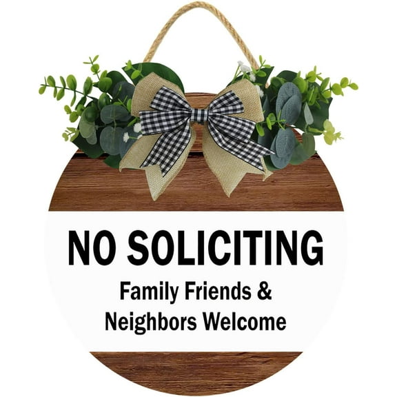 Eveokoki 12" No Soliciting Family Friends Neighbors Welcome Quote Sign Plaque, Funny Rustic Wooden Front Door Sign Hanging, Vintage Outdoor Wall Art Sign Hanger For Porch