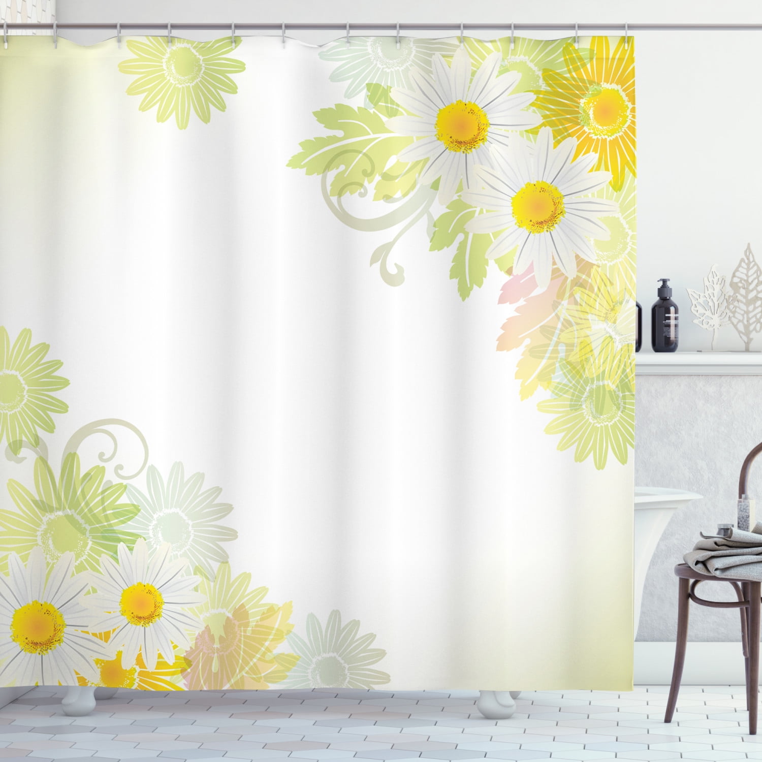 Flower Shower Curtain, Floral Daisies Abstract Oriental Details and Leaves with Sun like Art