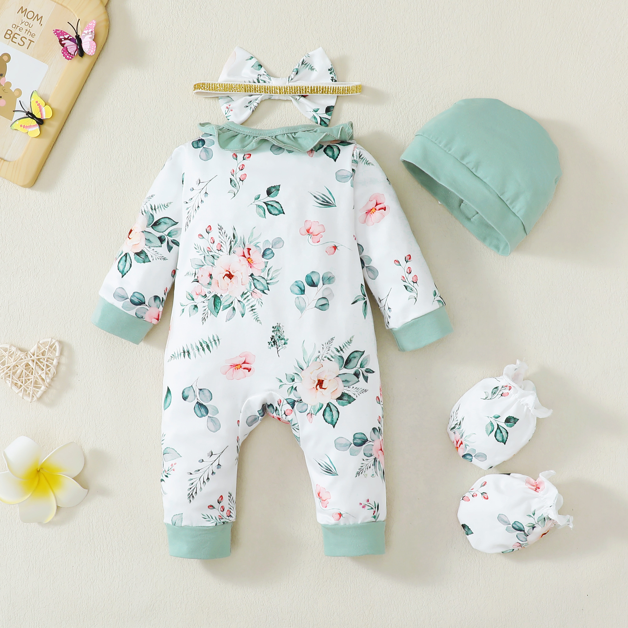 Kimi Bear Baby Girl Long Sleeve Floral Romper Set, Green photo 5