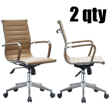 2xhome Set Of 2 Tan Office Chair Ribbed Office Chair Ribbed Modern Ergonomic Mid Back Pu Leather Office Chairs Task Swivel Tilt Arms Conference