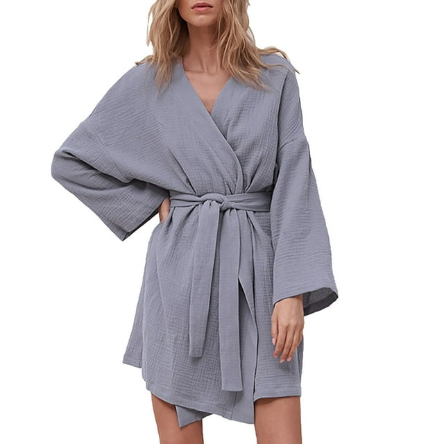 WZXFASHION Robe d'Intérieur pour Femmes, Couleur Unie, Col en V, Manches Longues, à Lacets, Grande Taille, Douce et Confortable, Style Décontracté, Chemise de Nuit, Vêtements de Nuit pour Femmes, Gris G