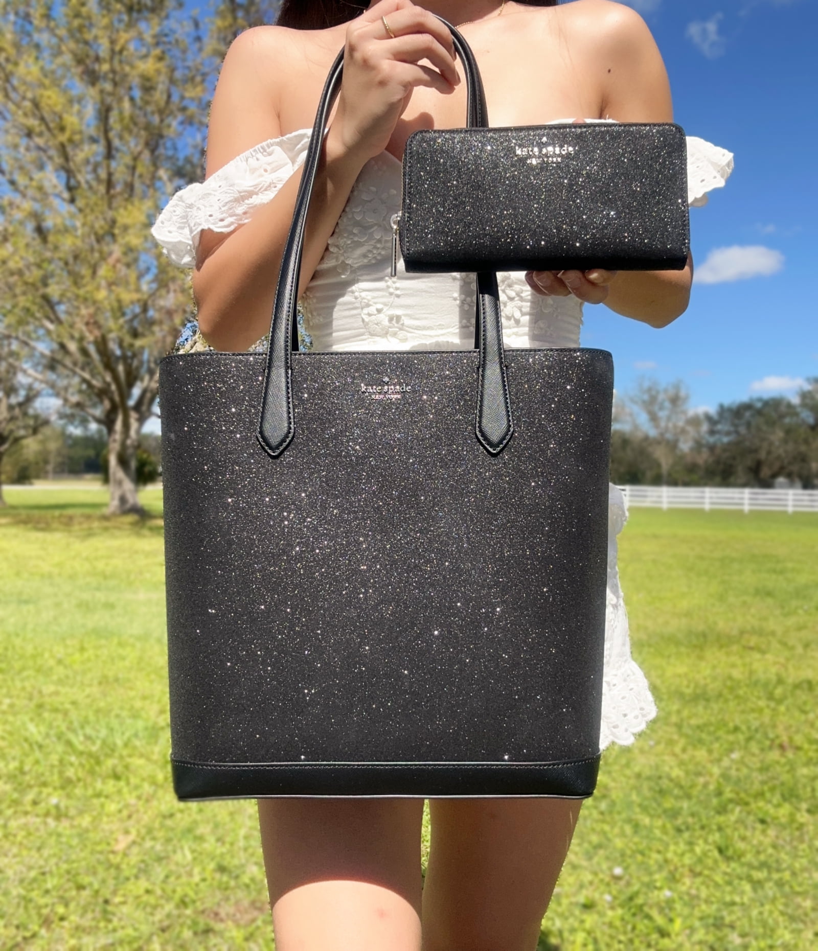 Kate Spade Tinsel Black Glitter Shoulder Tote Bag Handbag Holiday + Wallet  