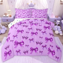 jejeloiu Cartoon Cute Bow Queen Comforter Set,Purple Kawaii Bowtie Bedding Comforter Set For Teens Reversible 3pcs