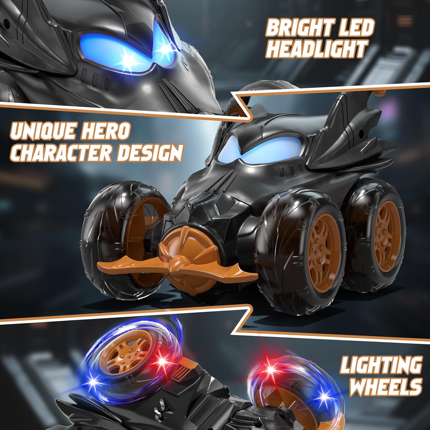 Bat Remote Control Cars for Boys 4-7, 2.4Ghz Rechargeable RC Stunt Car with Cool Lights Toys Gift for Boys Age 4 5 6 7 8 Year Old Outdoor Toys