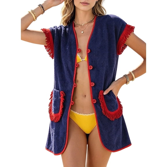 Women's 2 Piece Set Fringed Trim Short Sleeve Vneck Button Up Top Shorts Lounge Set with Pockets Deep L