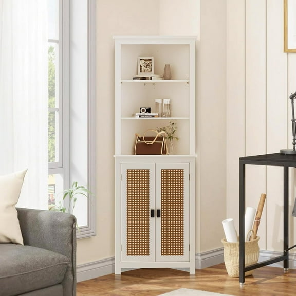 Farmhouse Corner Cabinet 64" H Tall Corner Hutch with 6 Shelves & 2 Barn Doors, Bathroom Cabinet with Adjustable Shelf, for Living Room, Kitchen, Bathroom, White