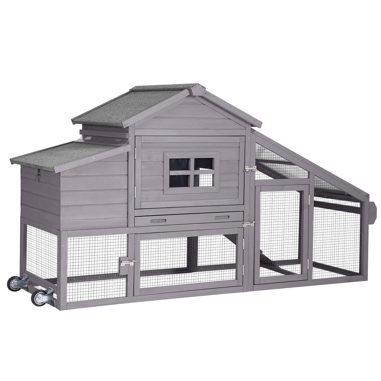BUTINGLALE Outdoor Mobile Chicken Coop with Wheels Hen House with Nesting Box Wooden Bunny Cage Large Duck House with Run UV Roof Rabbit Hutch(Grey)