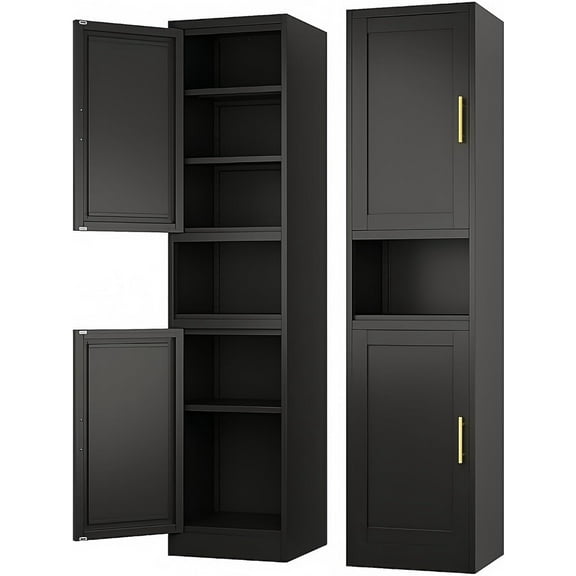 Narrow Bathroom Storage Cabinet with Adjustable Shelves and Open Storage Space, 67" Tall Freestanding Metal Storage Cabinet for Bathroom, Pantry, Kitchen, Living Room, (Black)