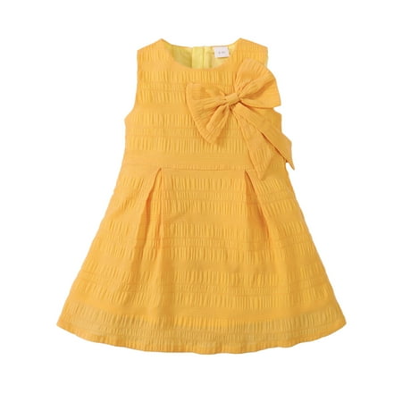 

Kucnuzki Toddler Baby Girl Clothes 3T Summer Dress 4T Sleeveless Solid Color Bowknot Plain Ruched Dres sStrapless Sundress Yellow