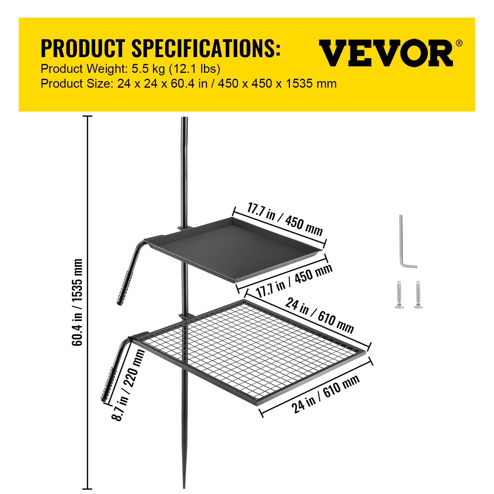 VEVOR Swivel Grill 24" x 24" Campfire Swivel Grill Double Layer Heavy Duty Over Fire Grill for BBQ