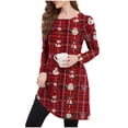 thumbnail image 5 of Women's Christmas Pleated Dress Long Sleeve Crewneck Printed Skirt with Pockets Red-2 XL, 5 of 6