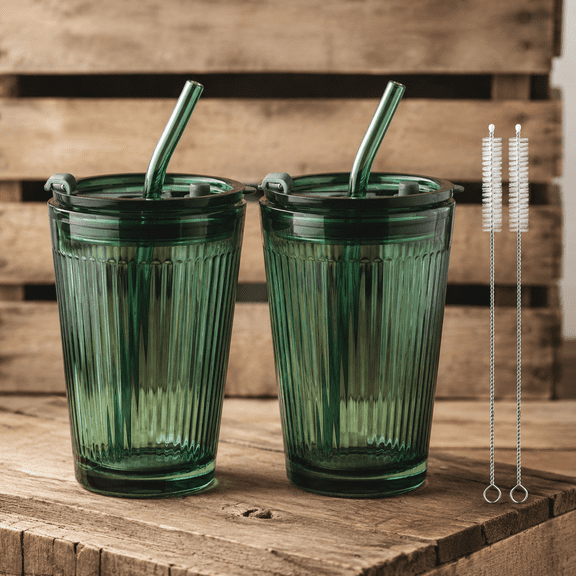15 Oz Green Glass Tumbler Set With Lid and Straw, 2 Pack