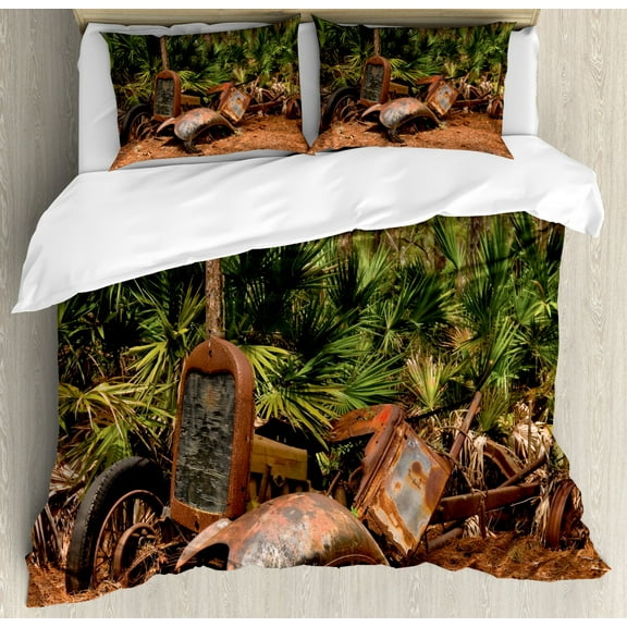 Rustic Home Decor Queen Size Duvet Cover Set, Rusty Tractor Mule Truck Deep in Forest with Tropical Palm Trees Image, Decorative 3 Piece Bedding Set with 2 Pillow Shams, Brown Green, by Ambesonne