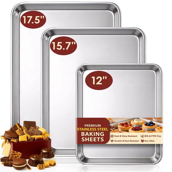 Baking Sheet Set of 3, Commercial Grade Nonstick Cookie Sheets for Baking, 0.8mm Thick Stainless Steel Baking Pan for Oven, 12/15.7/17.5 Inch, Heavy Duty & Easy Clean