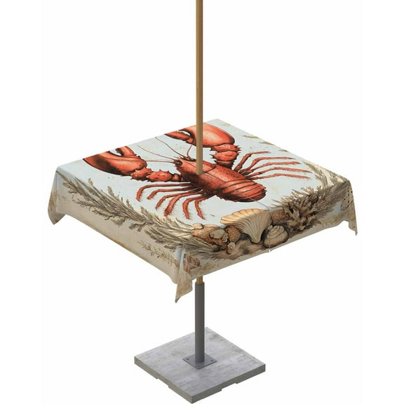 Fsddascl Coastal Lobster Outdoor Tablecloth - 54x54 Inch Square Dining Table Cover, Vintage Beach Coral Shell Nautical Waterproof Outdoor Table Cloth with Umbrella Hole & Zipper for Picnic/Patio