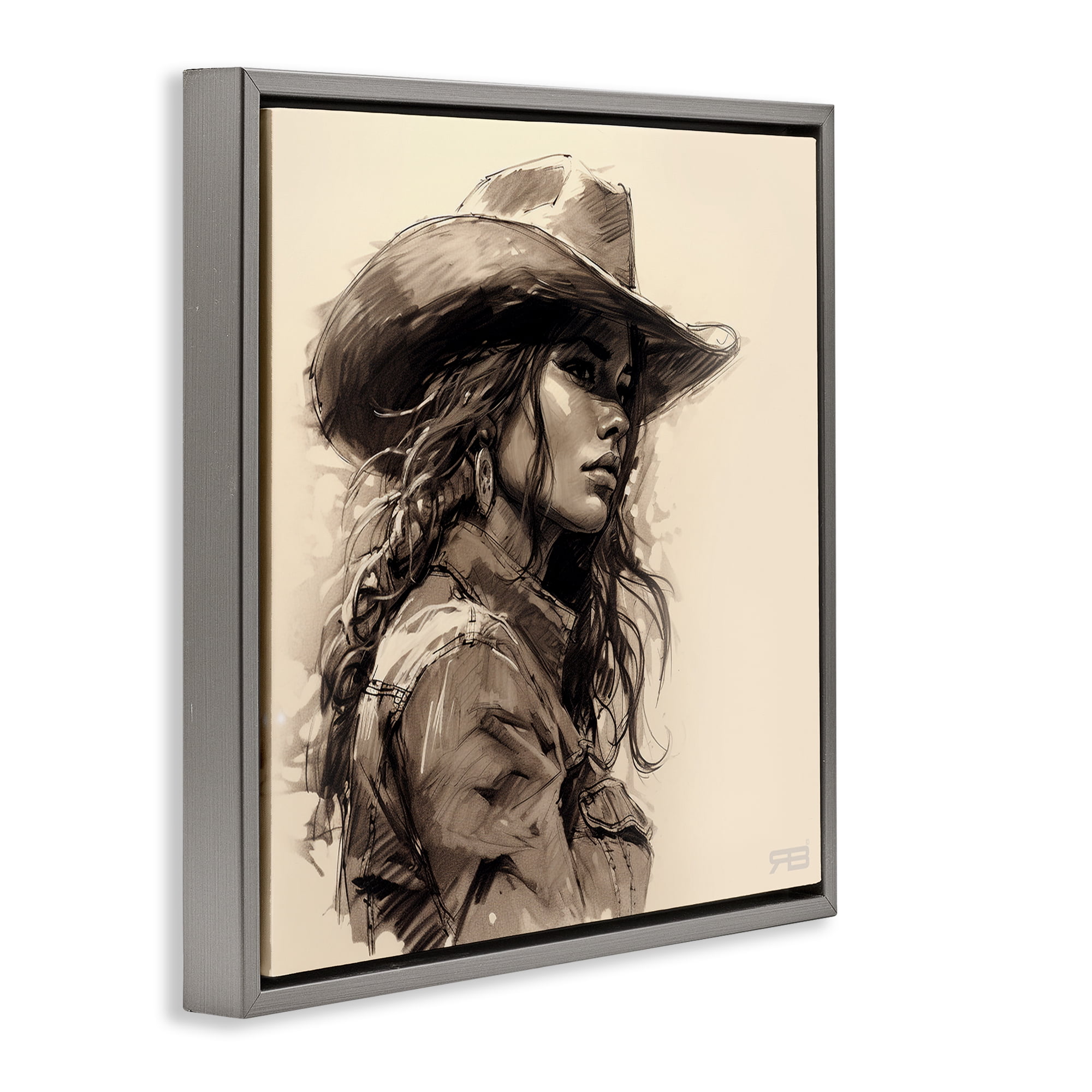 Stupell Industries Stoic Cowgirl Looking Away People Painting Gray Floater Framed Canvas Art Print Wall Art, 18 x 18