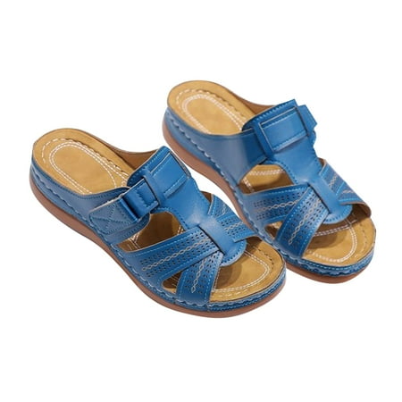 

ZTTD Women Summer Open Toe Hook Loop Comfy Sandals Casual Wedges Non Slip Slippers Blue