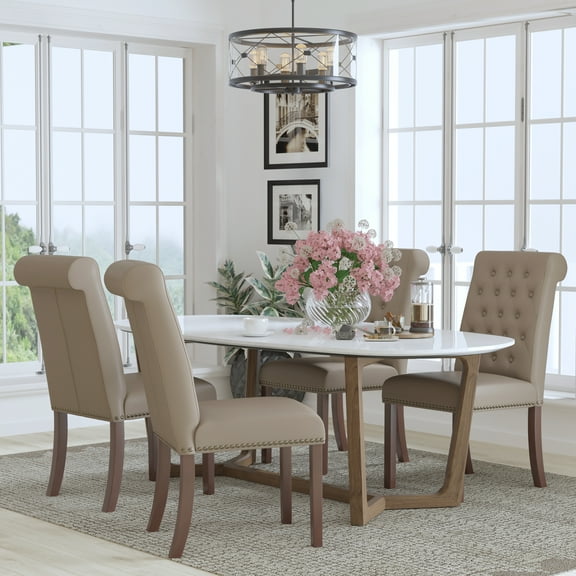 BizChair Set of 4 HERCULES Series Beige LeatherSoft Parsons Chairs with Rolled Back, Accent Nail Trim and Walnut Finish