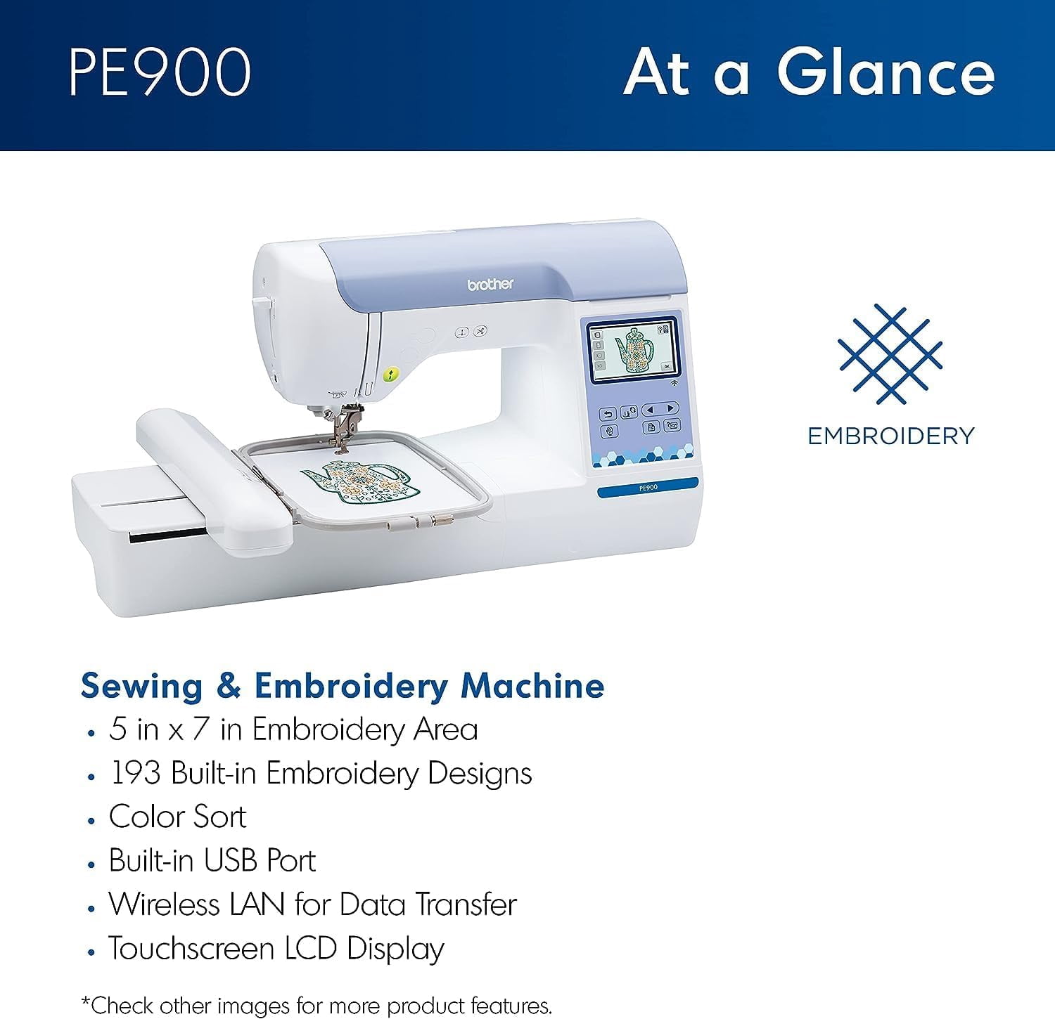 Brother PE900 Embroidery Machine with WLAN and 4"x7" Magnetic Embroidery Hoop Frame, Premium Embroidery Thread 6 Spools, 75/11 Size Needles 100 Count