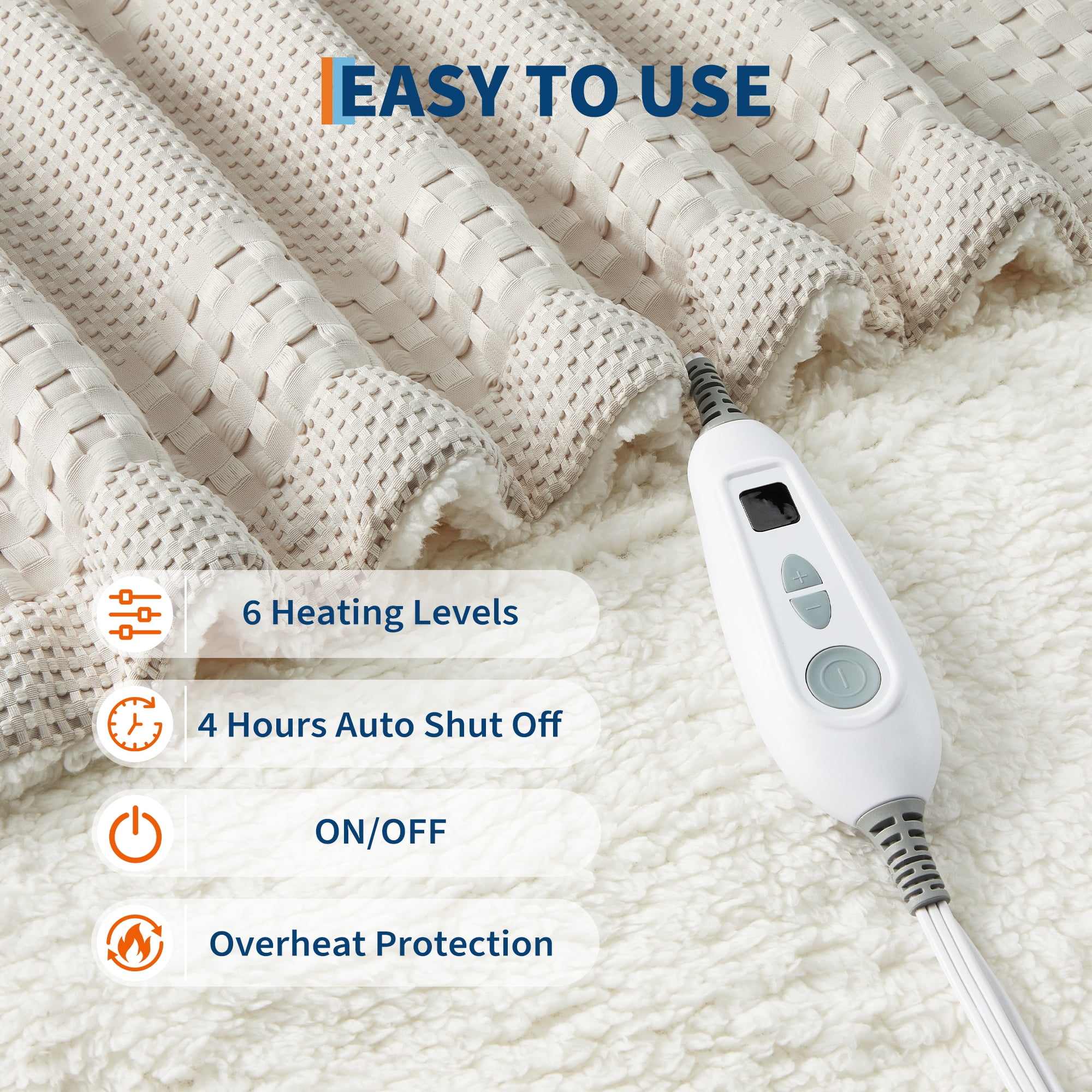 GARVEE Heated Electric Blanket Throw,50“x60" Soft Waffle Weave Fast Heating Throw,6 Heating Levels&4 Hours Auto Off,Khaki