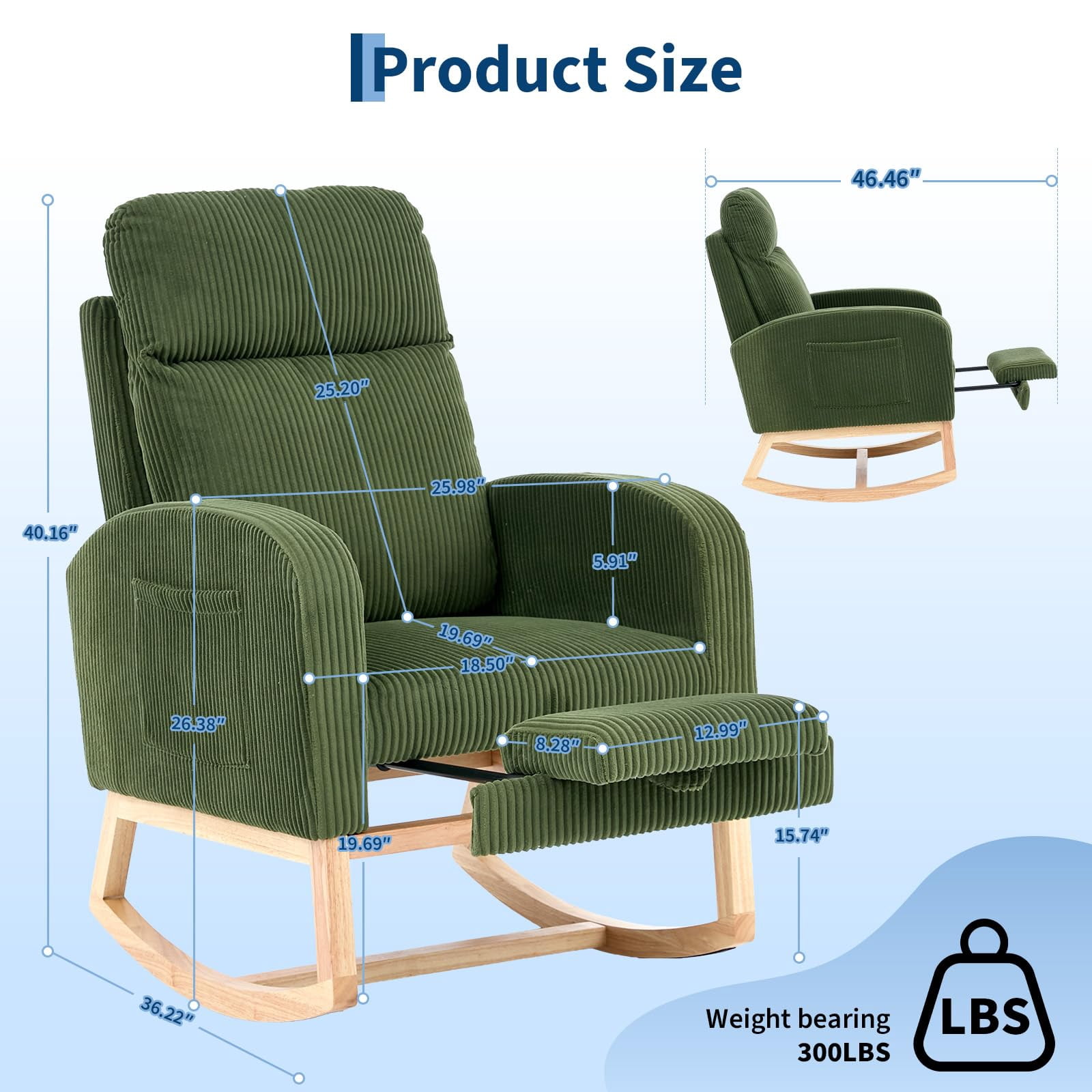 Kicctian Teddy Upholstered Rocking Chair with Extendable Footrest, Wooden Leg Rocking Armchair with Storage Side Pocket, Nursery Accent Seating for Living Room, Bedroom,Green