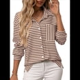 thumbnail image 1 of Camisas de Mujer con Botones, Blusas Clásicas A Rayas de Larga con Cuello y Bolsillo para Oficina. Caqui XXL, 1 of 9
