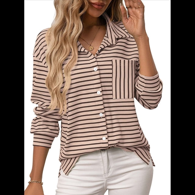 Camisas de Mujer con Botones, Blusas Clásicas A Rayas de Larga con Cuello y Bolsillo para Oficina. Caqui XXL