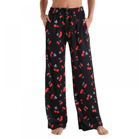 

Baywell Women s Print Sleep Pants with Pockets Wide Leg Loungewear Pajamas Bottoms Drawstring Elastic Waist Nightwear Trousers Cherry US 12-14