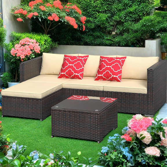 5-Piece All-Weather Patio Furniture Set with Coffee Table & Waterproof Cushions, Outdoor Sectional Couch, Beige