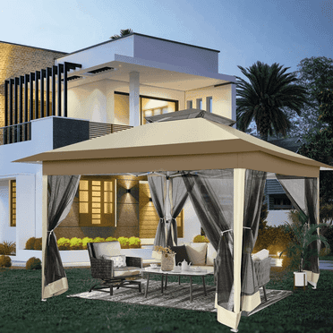 COBIZI 12'x12' Pop-up Gazebo Patio Gazebo Outdoor Gazebo Canopy with Mosquito Netting Patio Tent Backyard Canopy with 2-Tiered Vented Top 3 Adjustable Height and 144 Square ft of Shade, Khaki
