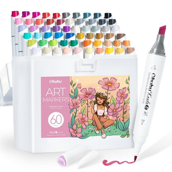 Ohuhu Marqueurs à Alcool : Mini Pinceau et Mince Grand 60 Couleurs d'Illustration Pointe Double Pointe Pinceau Marqueur d'Art à Base d'Alcool pour Artistes Adultes Coloriage Illustrateur