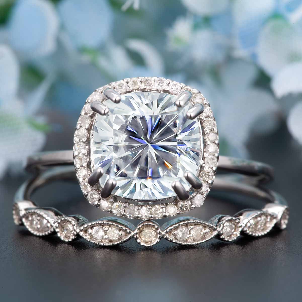 JeenMata 1.5 Carat Cushion Cut Moissanite Bridal Set in 18k White Gold Over Silver Flawless