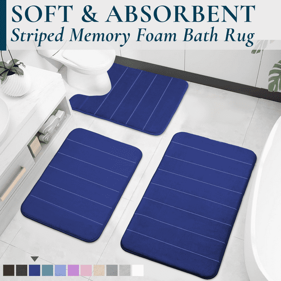 ComfiTime 3-Piece Memory Foam Bathroom Rug Set, Non-Slip Bath Mats for Bathroom Floor, Soft & Ultra Absorbent Shower Rug, Quick Dry Machine-Washable Bathmats, 17 x 24 & 20 x 24 & 20 x 32, Denim Blue