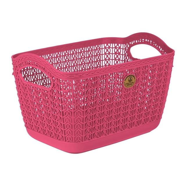 canasta plásticos la ardilla mitril con asas color fucsia 6.6 litros cesto rectangular de plástico con textura tipo tejida y base sólida, asas ranuradas en los laterales y logotipo de Plásticos La Ardilla en el frente; vista 3/4 frontal sobre fondo blanco, útil para organizar ropa, juguetes o accesorios en cocina y hogar.