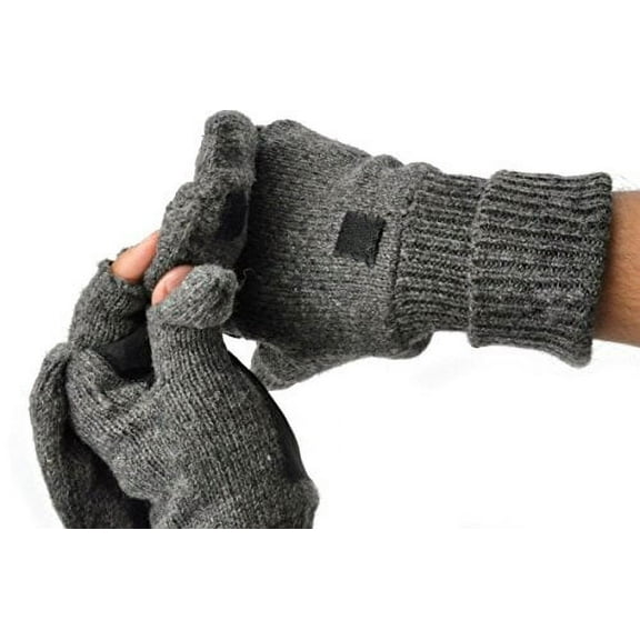 Mens Fingerless Suede Palm Ragg Wool Mitten Gloves w/ Finger & Thumb Pullover (L/XL, Charcoal)
