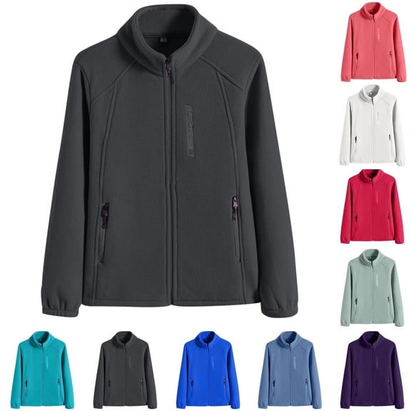 Goodtrade8 Womens Jacket Zip up Fleece Jacket Solid Color Long Sleeve Casual High Neck Warm Women's Winter Tops