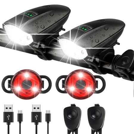 2 Pack Bike Lights Set with Horn 1400LM USB Rechargeable Bicycle Headlight & Tail Light & Horn Waterproof 3 Lighting Modes Fits Various Bicycles for Road and Mountain(Black+Black)