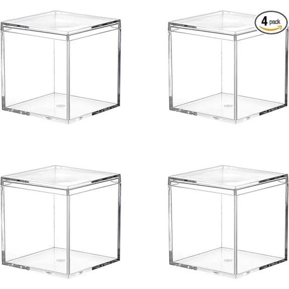 Acrylic Box with Lid, 4 Pack Small Square Acrylic Container Plastic Square Cube Containers with Lid Storage Box 2.2x2.2x2.2Inch/55X55X55mm for Candy Pill and Tiny Jewelry
