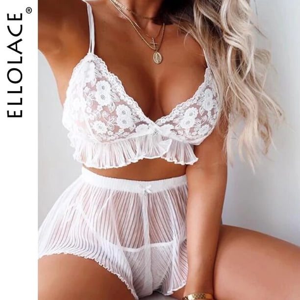 Ellolace-Conjunto de pijama de encaje transparente para mujer, ropa de dormir sin mangas, camisola, lencería Sexy